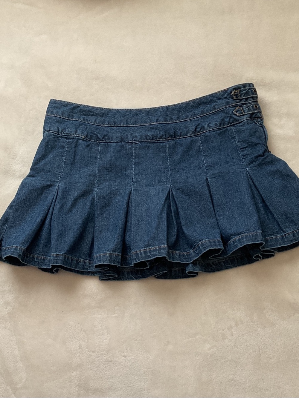 Xhilaration Dark Blue Denim Pleated Skater Mini Skirt with Triple Side Buckles